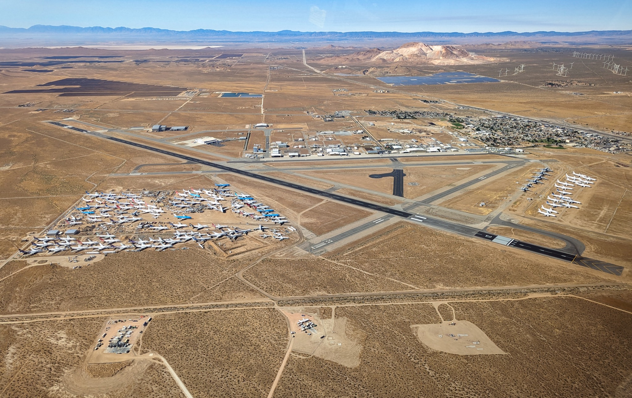 Aerial view of Mojave Air and Space Port, its runways and the surrounding desert