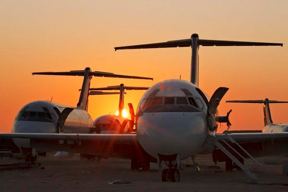 Aircraft parked at Mojave Air and Space Port at sunset